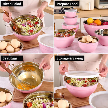 Red Mixing Bowls with Lids Set of 7, Stainless Steel Nesting Bowl with Khaki Lid for Non-slip Mixing Prepping Storing Serving, 7 Sizes-7/3.6/2.7/2.1/1.5/1/0.8 QT