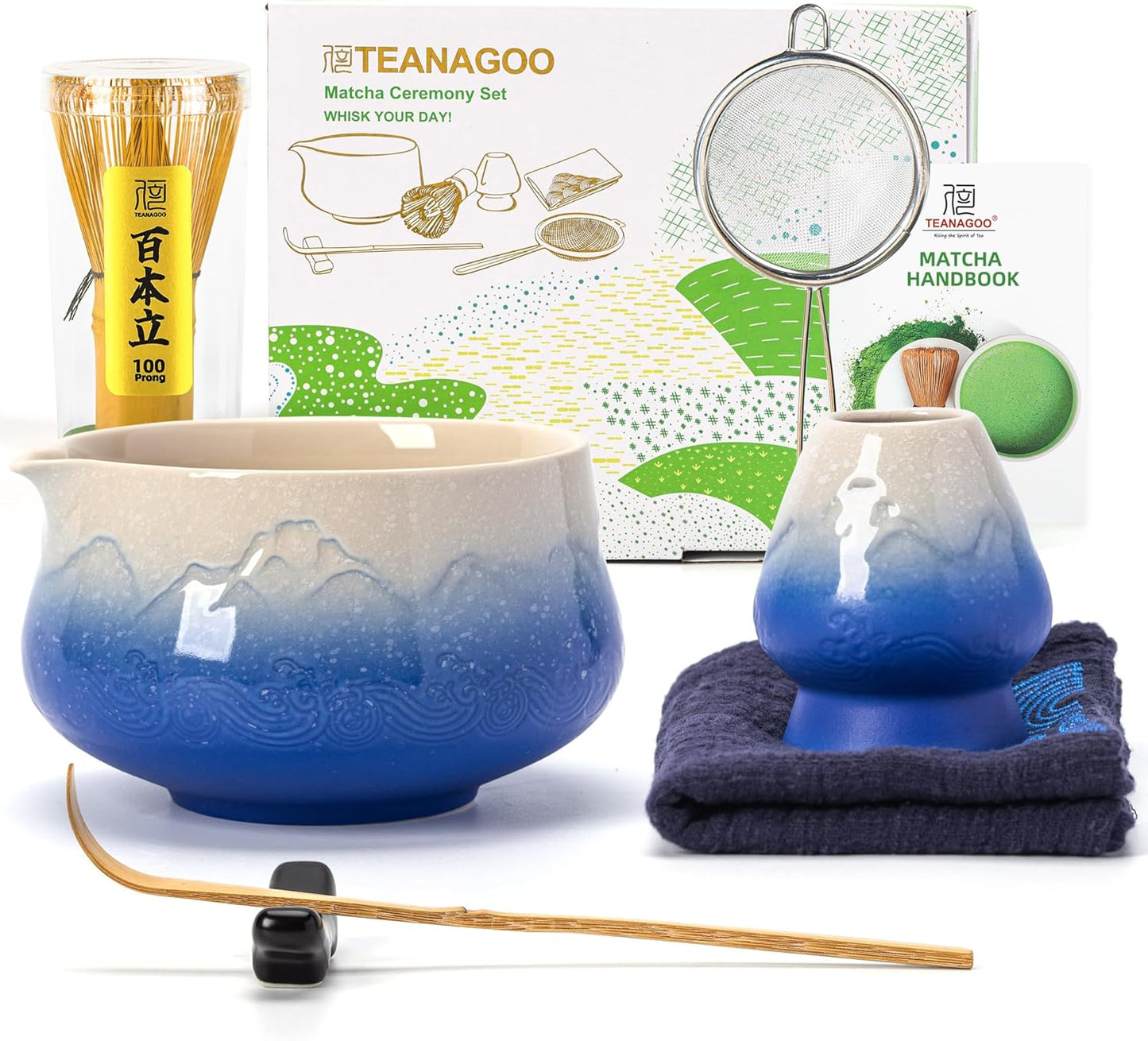 TEANAGOO 7 Pcs Matcha Whisk Set, Pink Matcha Set, Ceremony Matcha Powder Kit,Matcha Tea Set for Making Latte,Matcha Whisk Set and Bowl with Scoop&Sifter,Fuji Design Ceramic Bowl,Gift for Matcha Lovers