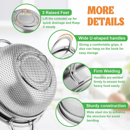 P&P CHEF Colander Strainer Stainless Steel 3 Quart, Metal Micro-Perforated Colander for Kitchen Food, Ideal for Rinsing Washing Draining, Dishwasher Safe, Shiny Silver, 1PC