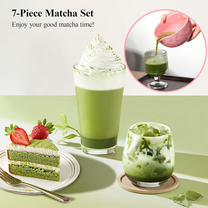 Matcha Whisk Set 7 PCS Matcha Bowl, Matcha Whisk and Holder, Bamboo Scoop and Scoop Rest, Stainless Sifter and Tea Towel Ceramic Matcha Set Japanese Matcha Kit for Matcha Lovers Pink