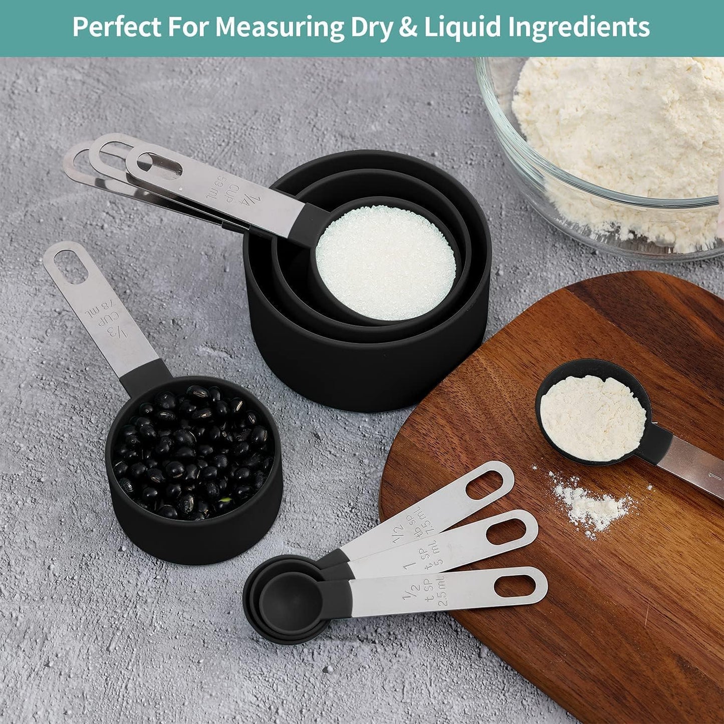 8 Pcs Measuring Cups and Spoons Set, Stackable Black Measuring Spoons for Measuring Dry and Liquid Ingredients Small Teaspoon with Plastic Head