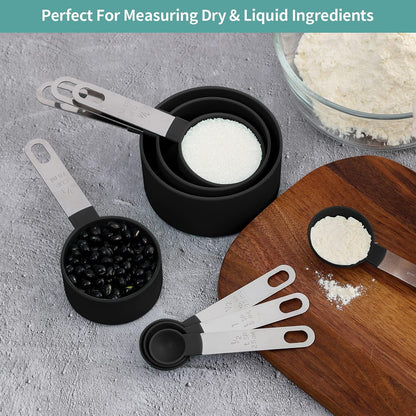8 Pcs Measuring Cups and Spoons Set, Stackable Black Measuring Spoons for Measuring Dry and Liquid Ingredients Small Teaspoon with Plastic Head