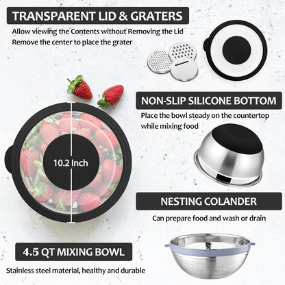 E-far Colander with Mixing Bowl Set, 4-1 Stainless Steel Colander Strainers Bowl with Graters for Kitchen, Rotatable Food Strainer Bowl for Rinsing Fruits Vegetables/Draining Pasta - Blue