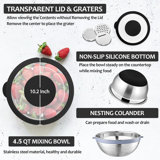E-far Colander with Mixing Bowl Set, 4-1 Stainless Steel Colander Strainers Bowl with Graters for Kitchen, Rotatable Food Strainer Bowl for Rinsing Fruits Vegetables/Draining Pasta - Blue