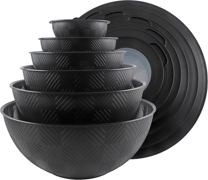 COOK WITH COLOR Mixing Bowls with Lids - 12 Piece Plastic Nesting Bowls Set includes 6 Prep Bowls and 6 Lids, Microwave Safe Mixing Bowl Set, Sage Embossed - Colors B