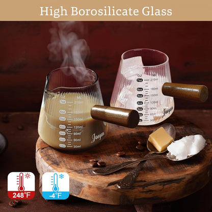 Joeyan 7 oz Glass Measuring Cup, Espresso Shot Glasses with Spout and Wooden Handle, Clear Milk Frothing Pitcher, Wave Shaped Borosilicate Espresso Bar Accessories for Coffee