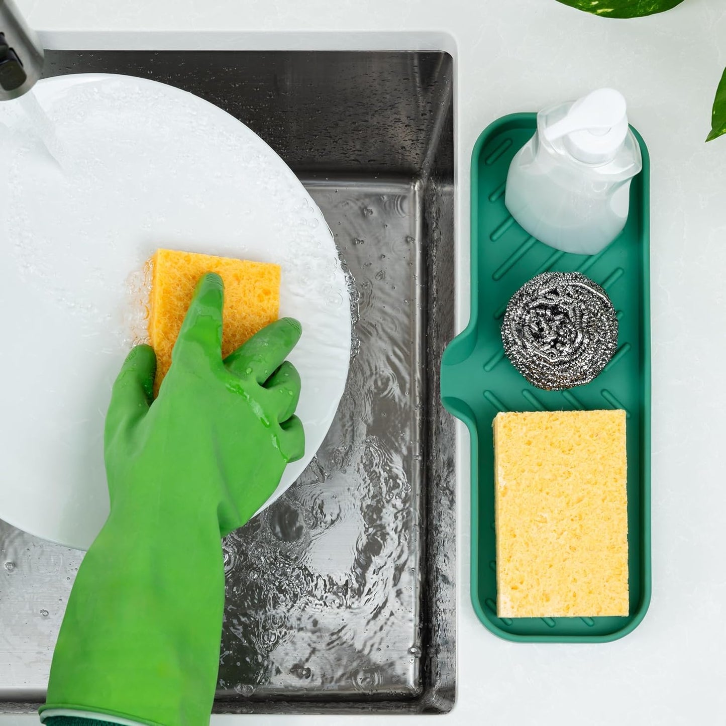 Zulay Kitchen (9x3.5in Sponge Holder for Kitchen Sink - Flexible Heavy-duty Multipurpose Sink Caddy - Counter Organizer for Kitchen, Bathroom, Makeup, Trinkets & More! (Grey)