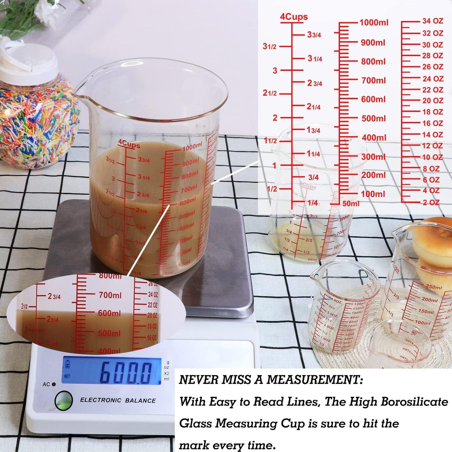 High Borosilicate Glass Measuring Cup-V-Shaped Spout，Glass Measuring Beaker for Kitchen or Restaurant, Easy to Read, 60 ML (2 Oz)-Pack of 2