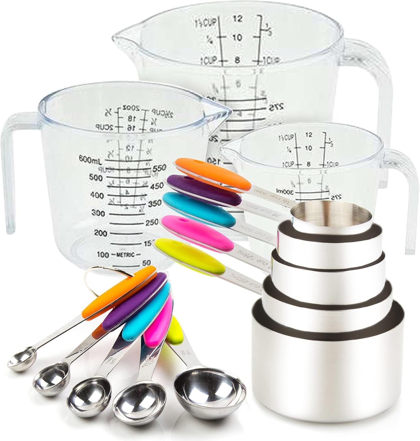 Measuring Cups and Spoons Set 11 Piece. Includes 10 Stainless Steel Measuring Spoons and Cups Set and 1 Plastic Measuring Cup. Liquid Measuring Cups Set and Dry Metal Measuring Cup Set