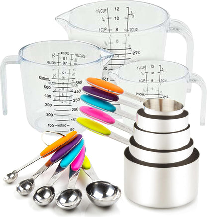 Measuring Cups and Spoons Set 11 Piece. Includes 10 Stainless Steel Measuring Spoons and Cups Set and 1 Plastic Measuring Cup. Liquid Measuring Cups Set and Dry Metal Measuring Cup Set