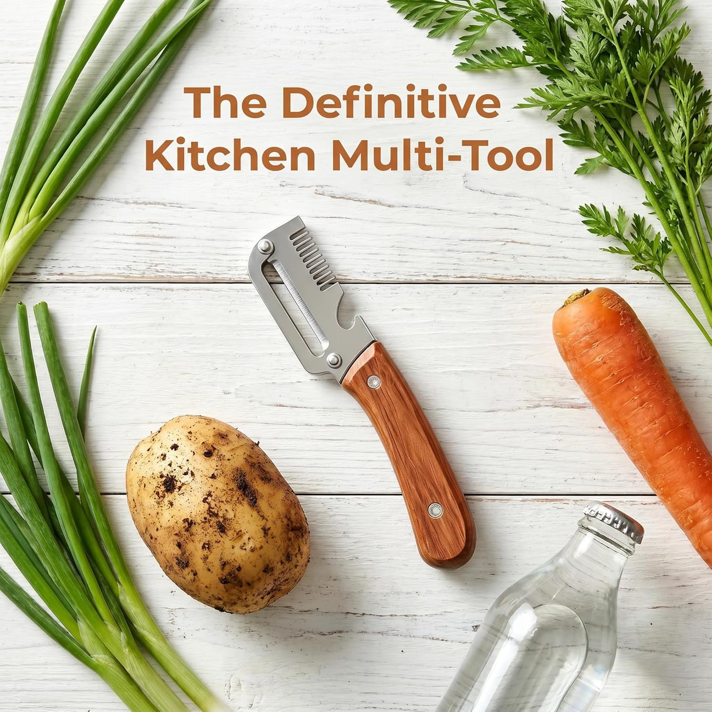 2026 Upgrade 3-in-1 Veg Peeler, Wood Handle Thick Stainless Steel Wide Blade, Scallion Shredder & Bottle Opener, Ultra-Sharp Multi Peeler for Potato Carrot Kitchen Camping Travel (1pcs+1ps)