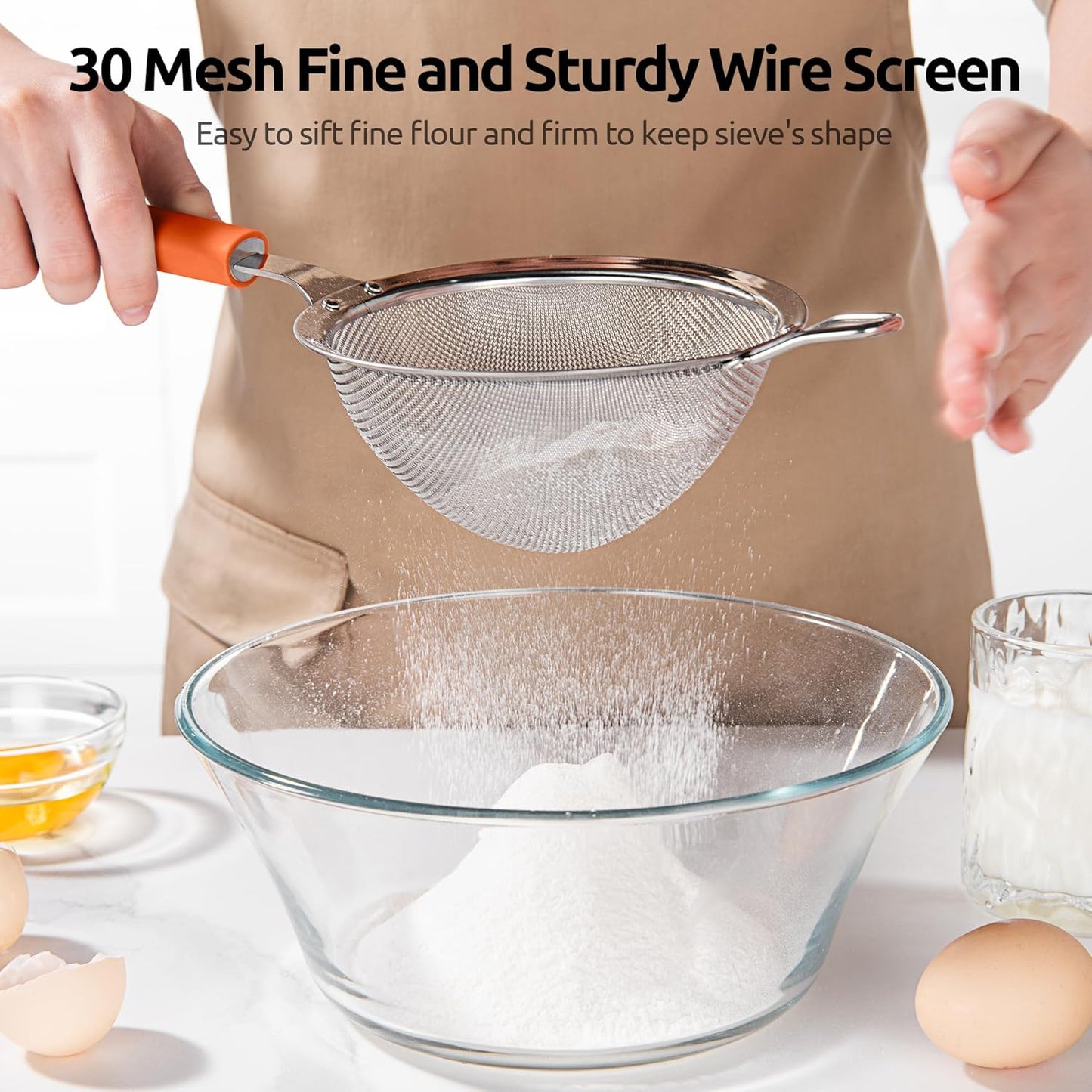 U-Taste Medium Fine Mesh Strainer: 18/8 Stainless Steel 4.73in 30 Mesh Kitchen Food Sieve with Sturdy Riveted Silicone Handle, Heavy Duty Deep Handheld Metal Colander for Rice, Quinoa, Flour (Black)