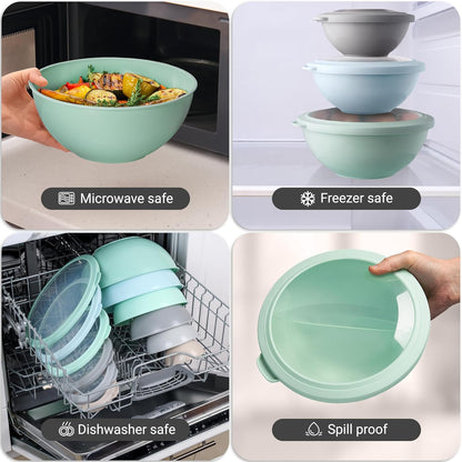 Zulay Kitchen 12 Piece Plastic Mixing Bowls with Lids Set - Leak-Proof Microwave & Freezer Safe Stackable Mixing Bowl Set for Preparing, Serving and Storing - Non-Slip Large Nesting Bowls (Blue Ombre)