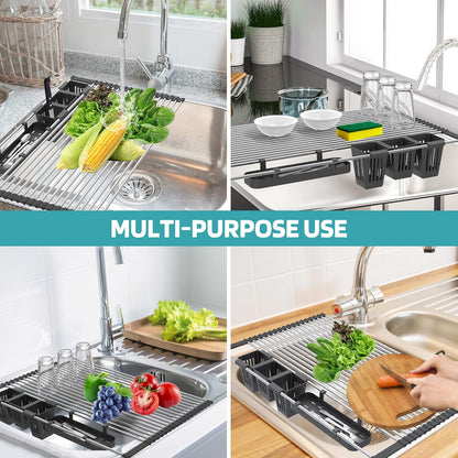 Black Expandable Roll Up Dish Drying Rack Up to 22.8''with 2 Storage Baskets,Over The Sink Kitchen Rolling up Dish Drainer Drying Rack , Foldable,Rollable,for Kitchen Dishes(Expandable Width Size)