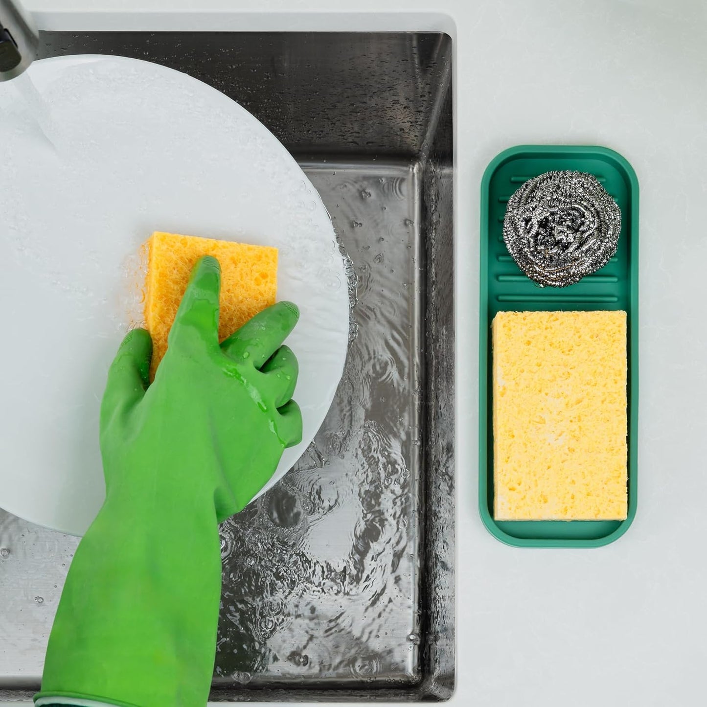 Zulay Kitchen (9x3.5in Sponge Holder for Kitchen Sink - Flexible Heavy-duty Multipurpose Sink Caddy - Counter Organizer for Kitchen, Bathroom, Makeup, Trinkets & More! (Grey)