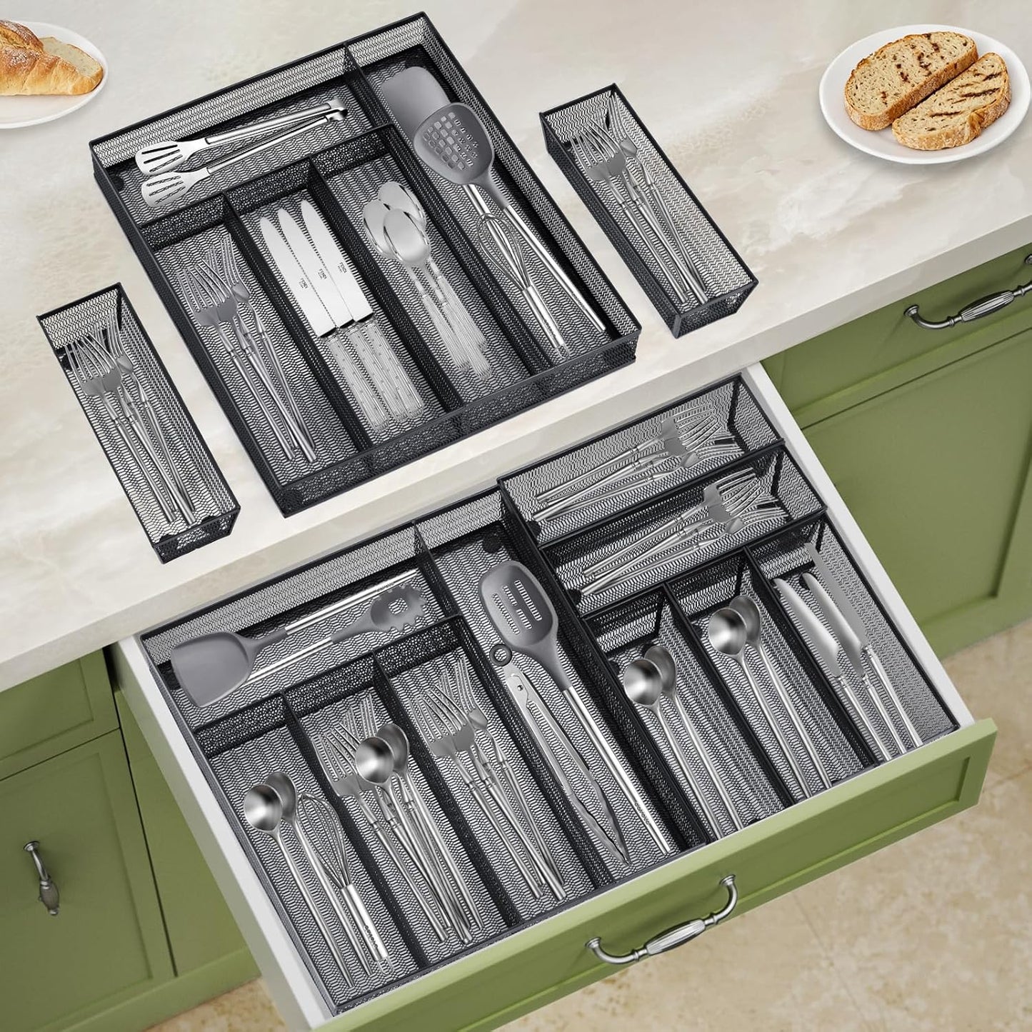 Neudeco Silverware Drawer Organizer - 5 Compartment Cutlery Tray with Non-Slip Feet, Mesh Wire Flatware Storage Divider for Kitchen, Bedroom, Living Room (Silver)