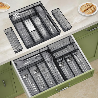 Neudeco Silverware Drawer Organizer - 5 Compartment Cutlery Tray with Non-Slip Feet, Mesh Wire Flatware Storage Divider for Kitchen, Bedroom, Living Room (Silver)