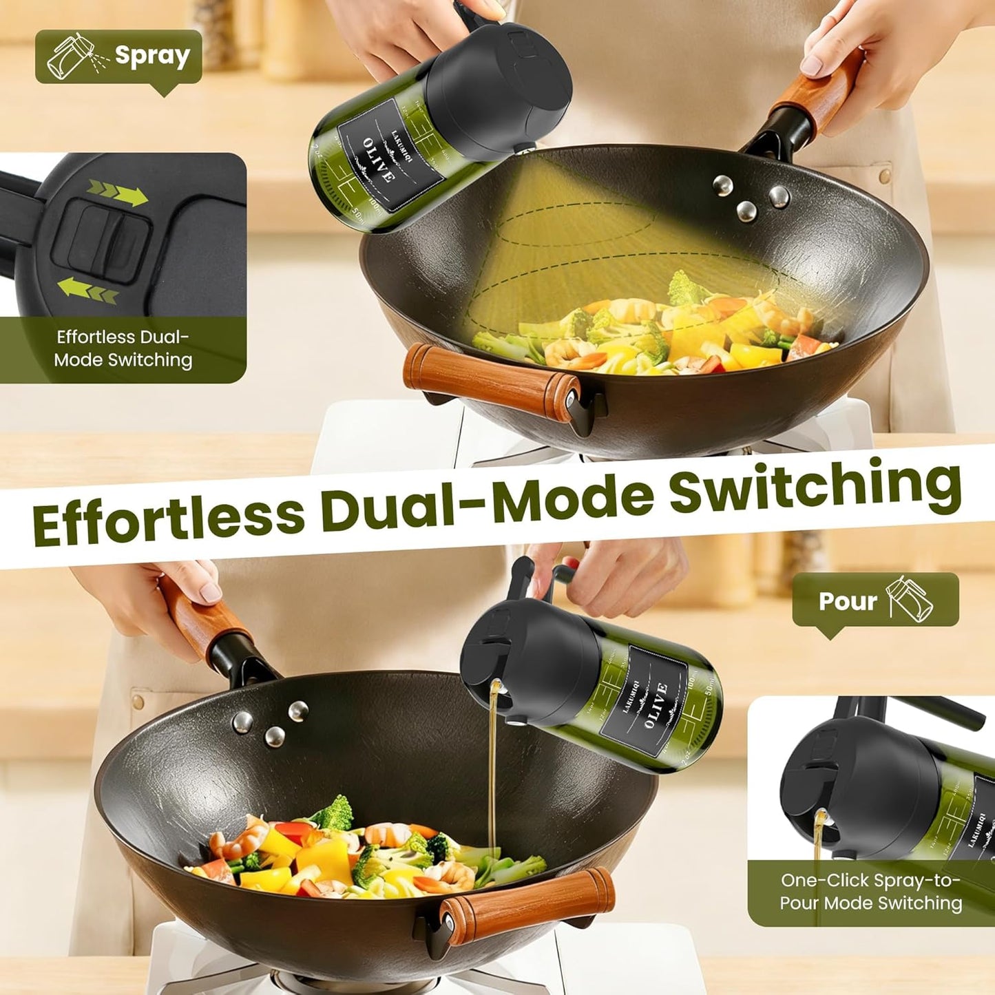 LAKUMIQI 2-in-1 Olive Oil Sprayer for Air Fryer – 16oz Glass Oil Dispenser & Cooking Oil Mister – Spray & Pour Bottle, Non-Aerosol, Leak-Resistant, for Salad, BBQ, Kitchen