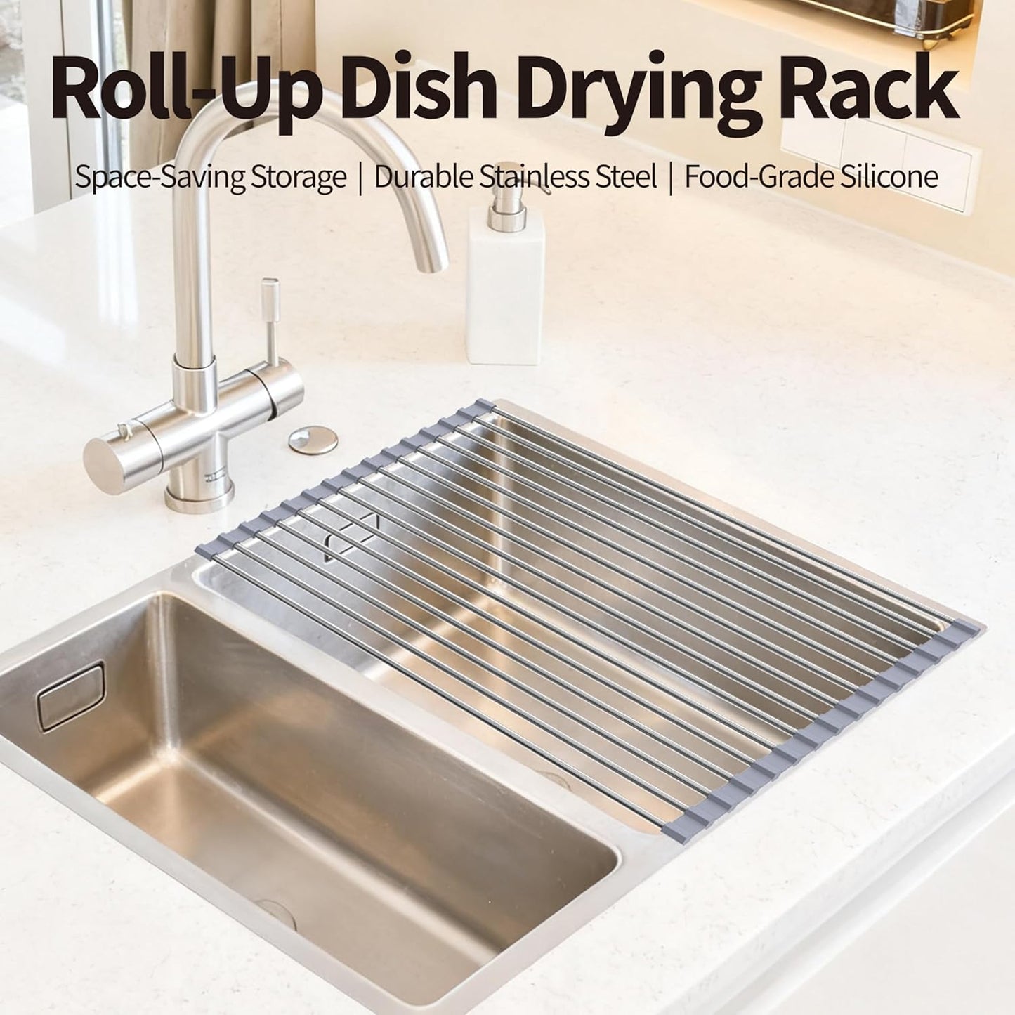 Roll Up Dish Drying Rack for Over Sink - 17.5"x15.7" Foldable Stainless Steel Kitchen Drainer, Black