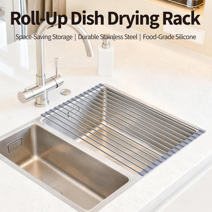 Roll Up Dish Drying Rack for Over Sink - 17.5"x15.7" Foldable Stainless Steel Kitchen Drainer, Black