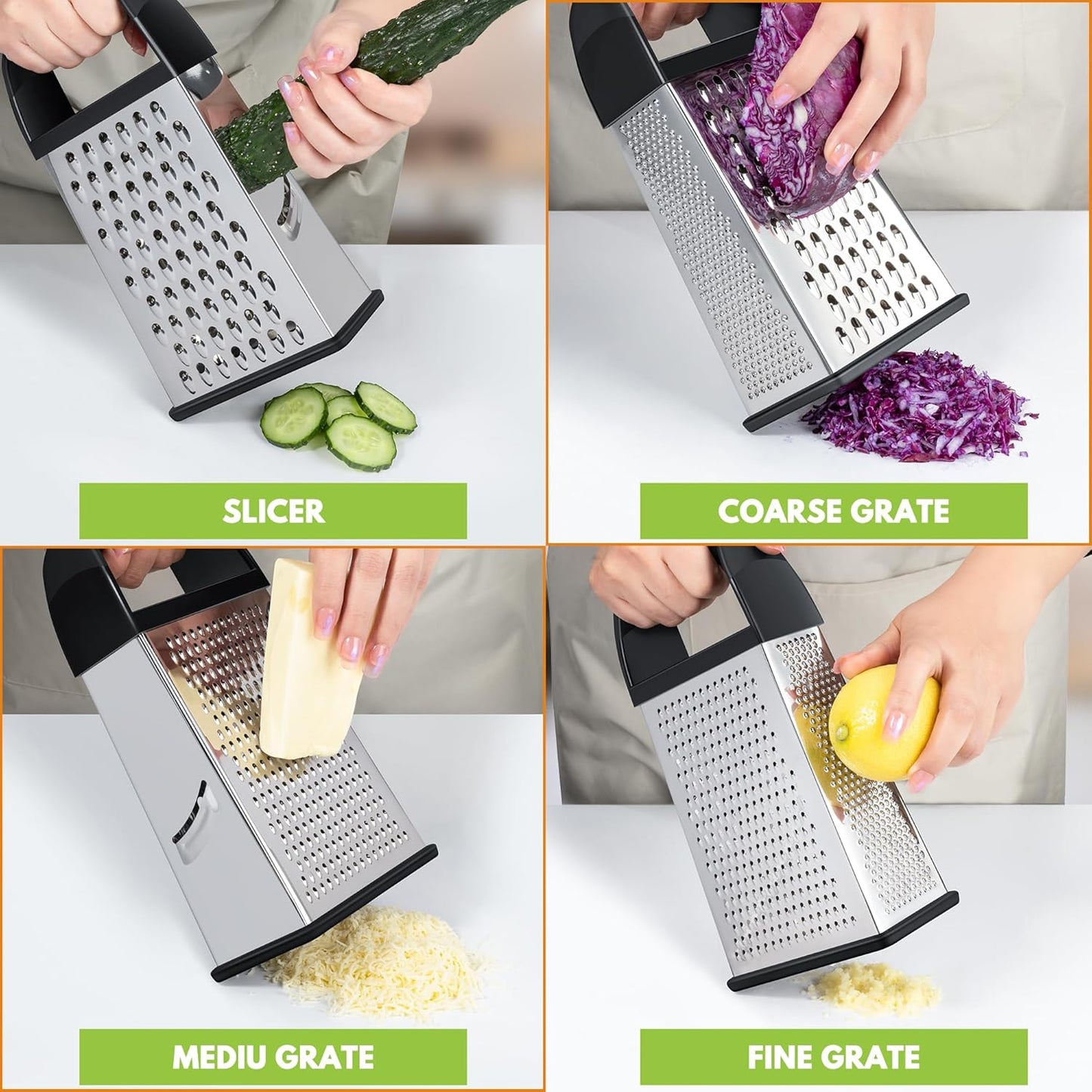 Urbanstrive Cheese Grater With Container, Professional Cheese Grater with Handle, Stainless Steel Graters for Kitchen Handheld, Box Grater with 4 Sides for Vegetables, Ginger, Potatoes (Blue)