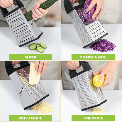 Urbanstrive Cheese Grater With Container, Professional Cheese Grater with Handle, Stainless Steel Graters for Kitchen Handheld, Box Grater with 4 Sides for Vegetables, Ginger, Potatoes (Blue)