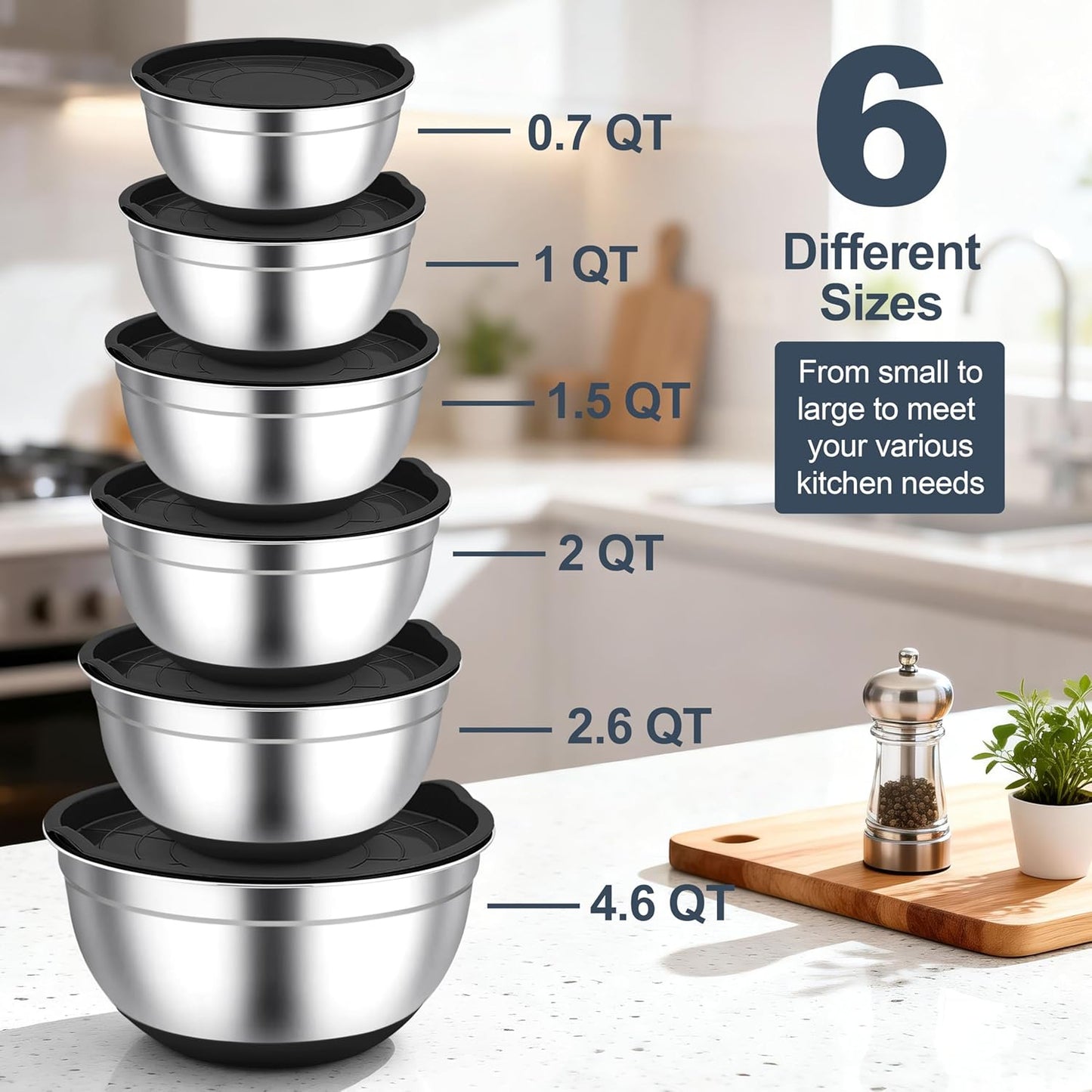 TeamFar Mixing Bowls, Black Mixing Bowls with Lids Set, Stainless Steel Nesting Salad Bowl with Air-tight Lid & Silicone Bottom, Non Slip & Stackable - Set of 6-4.6/2.6/2 / 1.5/1 / 0.7 Qt