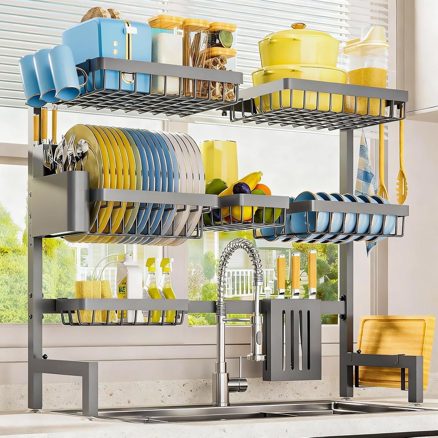 Sakugi Over The Sink Dish Drying Rack, Expandable 2-Tier Stainless Steel Kitchen Storage Organization Accessories for Countertop, Rustproof & Space-Saving, 30"–34.5" L x 12" W x 25" H, Black