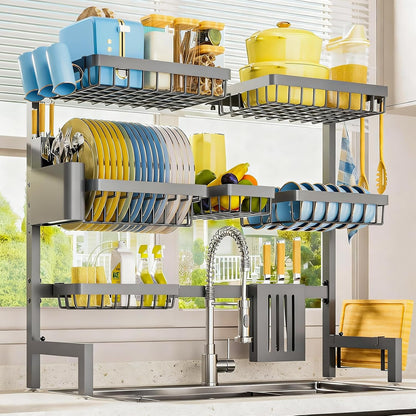 Sakugi Over The Sink Dish Drying Rack, Expandable 2-Tier Stainless Steel Kitchen Storage Organization Accessories for Countertop, Rustproof & Space-Saving, 30"–34.5" L x 12" W x 25" H, Black
