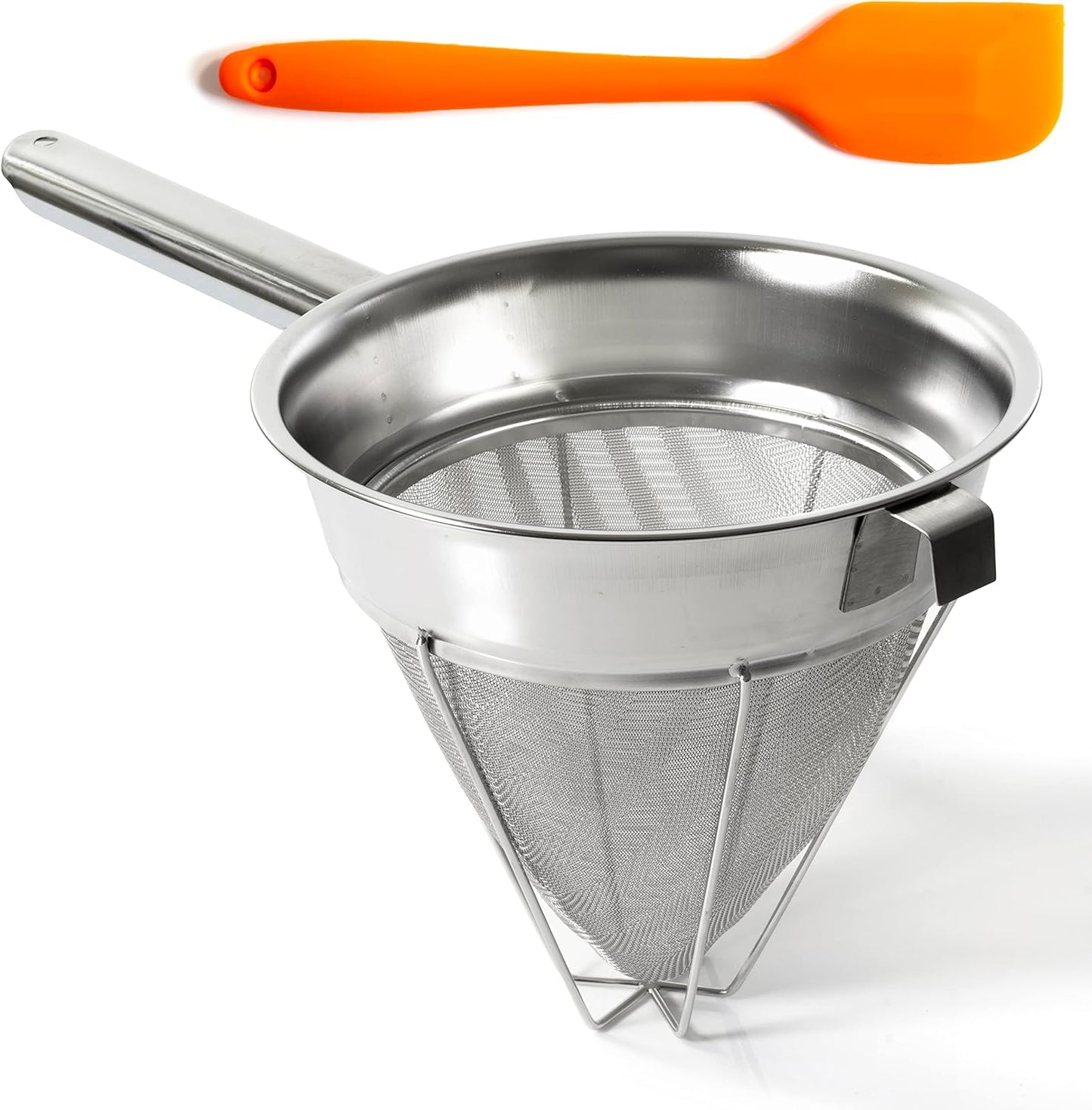 PINKIECLINK Bouillon Strainer - Stainless Steel Fine Mesh Metal Food Chinois, Cone Separator, Kitchen Colander Sieve for Sauce Jam Jelly Tea, 8" - With Spatula