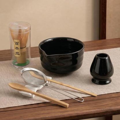 YOLIFE Matcha Whisk Set, Black Matcha Set, Ceramic Matcha Bowl and Whisk (Chasen), Holder, Sifter, Bamboo Scoop, Spoon & Spoon Rest, 7 Pcs Matcha Kit for Matcha Tea Ceremony