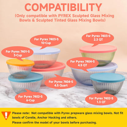 4 Pack Silicone Replacement Lids for Pyrex Mixing Bowls - 3, 6, 10 Cup & 4.5 Qt Sculpted Glass & Tinted Glass Bowls