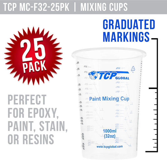 TCP Global 32 oz. (1000ml) Graduated Plastic Mixing Cups (Box of 50) - Disposable Plastic Measuring Cups for Liquids, Paints, Resin, Epoxy, Art, Kitchen - Ratios 2-1, 3-1, 4-1 ML
