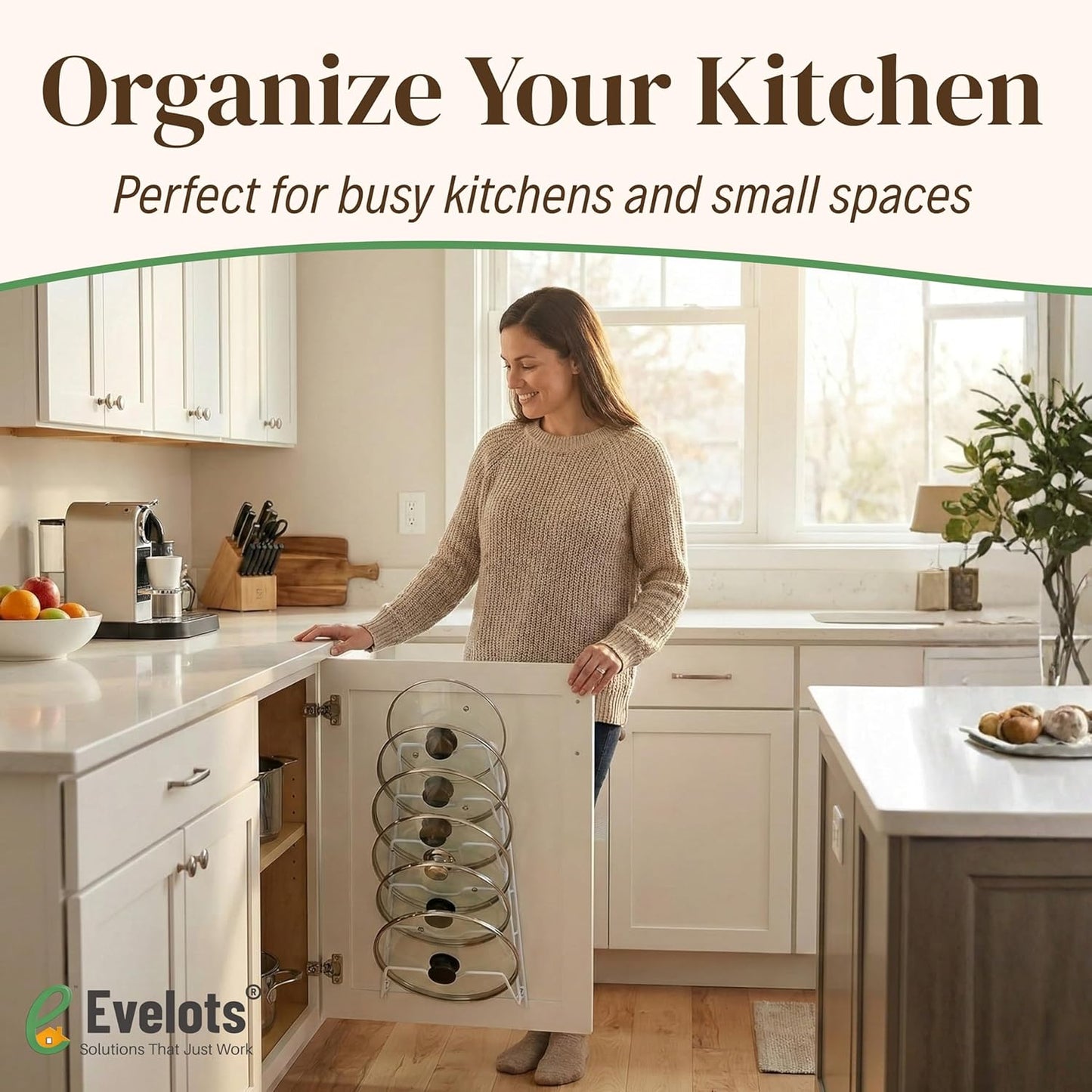 Evelots 6 Pot Lid Organizer for Cabinet Door or Pantry Wall - Closet Door Pots and Pans Lids Holder - Glass or Metal Pan Covers Cabinet Organizer Kitchen Storage - White 6 Tier Lid Rack