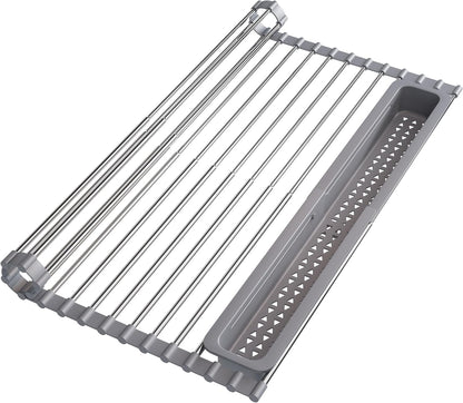 JASIWAY Roll Up Dish Drying Rack, Expandable (12.8"-23.8" D x 12.8" W) Stainless Steel Portable Drainer for Kitchen Sink Counter, Foldable Over The Sink Cover with Removable Utensil Holder