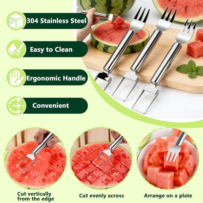 Watermelon Cutter, 2-in-1 Stainless Steel Fruit Cutter, Dual Head Watermelon Fork Slicer Tool, Summer Fruit Cutting Kitchen Gadget for Home (Round-2PCS)
