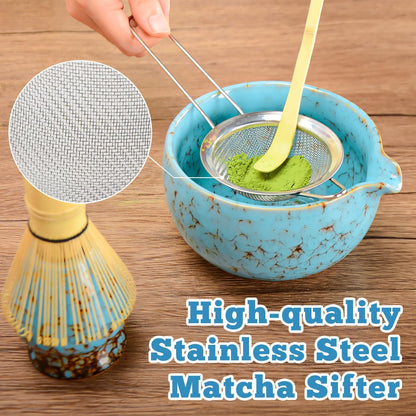 Matcha Whisk Set Ceramic Bowl Kit with Spout, Bamboo Chasen and Holder, Scoop Rest,Sifter Tea Towel Ceremonial Cute Matcha Tea Making Tool,Gift Perfect for Latte Lovers | Beginners,7pcs