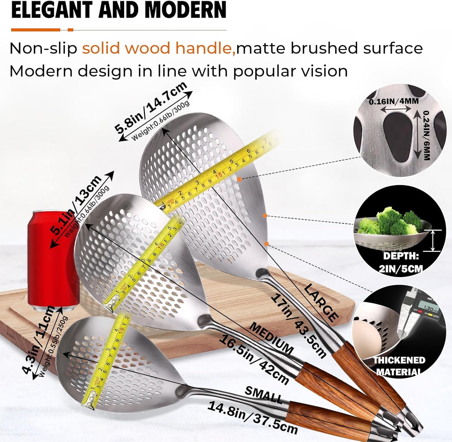 MARTE Skimmer Slotted Spoon Set of 4 - Kitchen Pasta Strainer Spoon - Spider Strainer Skimmer Ladle Spoon with Holder for Cooking and Frying Food, Spaghetti, Vegetable, Dumpling - 14.8In,16.5In,17In
