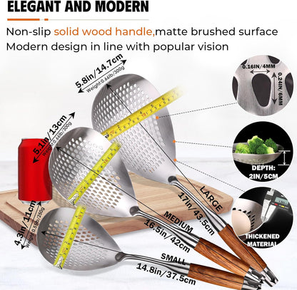 MARTE Skimmer Slotted Spoon Set of 4 - Kitchen Pasta Strainer Spoon - Spider Strainer Skimmer Ladle Spoon with Holder for Cooking and Frying Food, Spaghetti, Vegetable, Dumpling - 14.8In,16.5In,17In