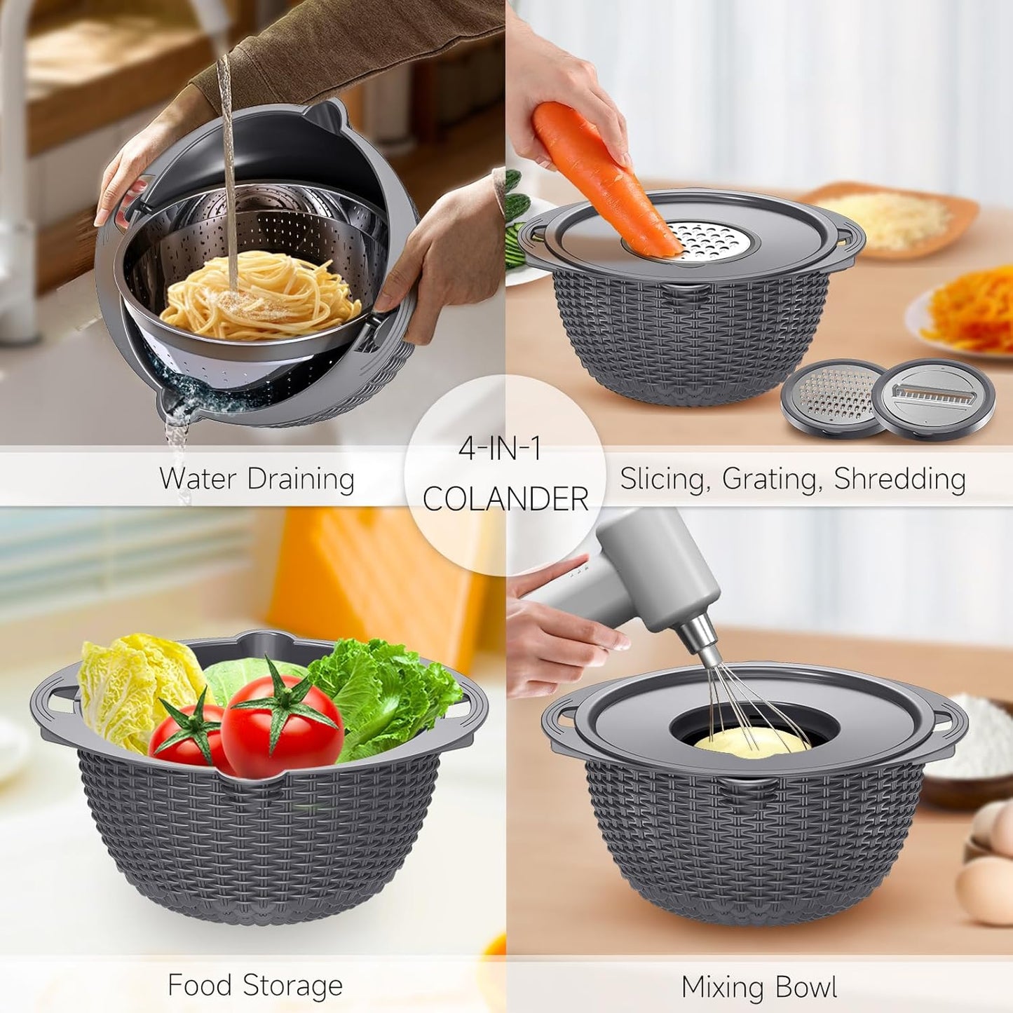 4-1 Colander with Bowl Set - Pasta Strainer - Colander for Kitchen - Strainers and Colanders Rice Strainer Fruit Cleaner Veggie Wash Sink Strainer Kitchen Essentials - Black