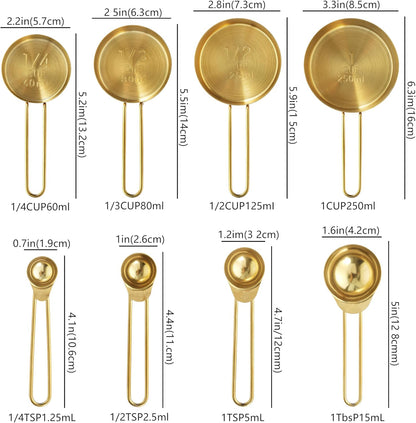 Measuring Cups and Spoons Set, Kaloo 8PCS Stainess Steel Metal Measuring Cups, Gold Finish, Ideal for Cooking and Baking