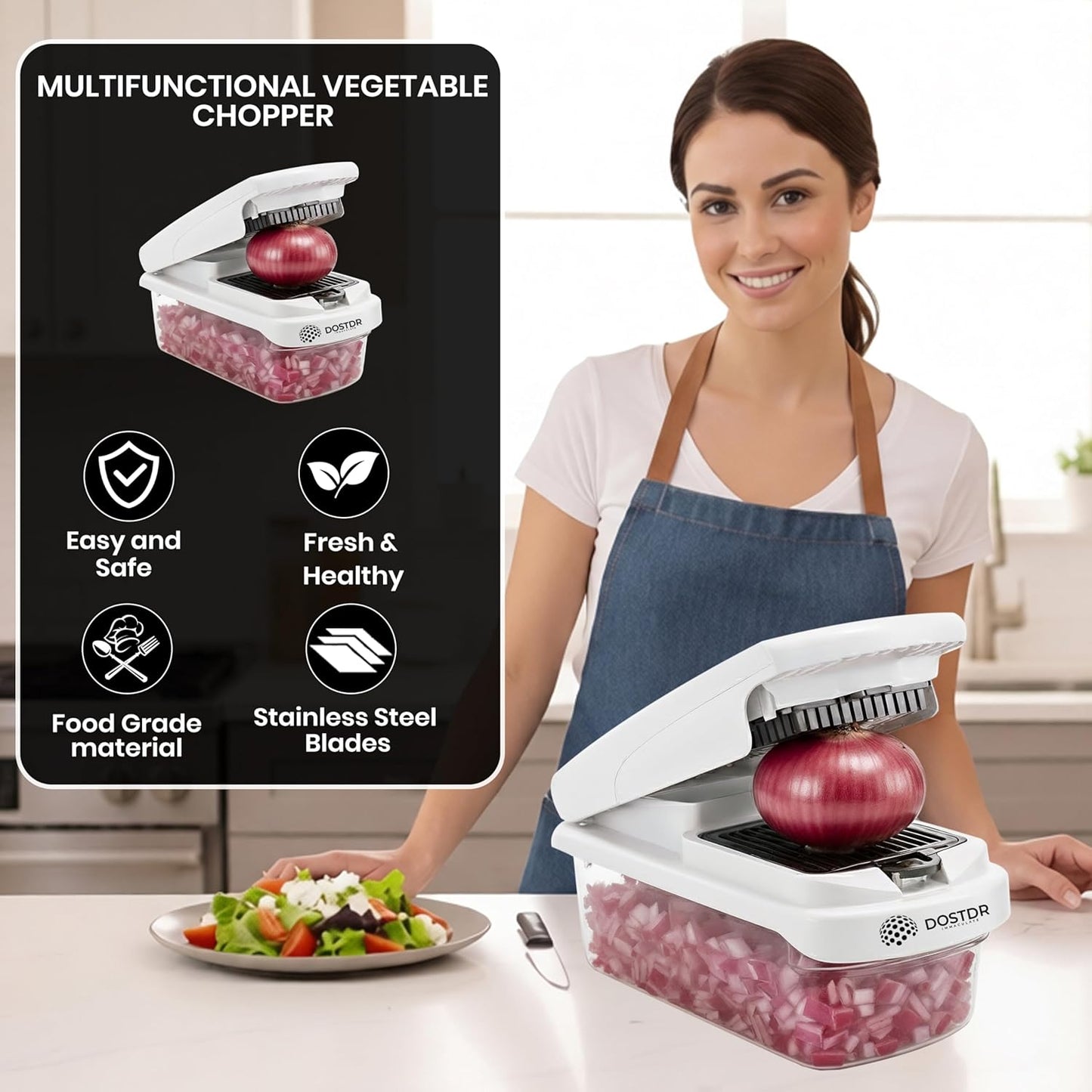 Compact Premium Vegetable Chopper, Mandoline Slicer, Veggie Chopper Food Chopper Container, Vegetable Cutter, Onion Salad Vegetable Chopper, Fruit Slicer, Shredding (White & Black)