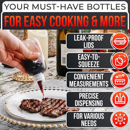Set of 6 Inverted Condiment Squeeze Bottles 16 oz – Upgraded Design with Added Sealing Gaskets, Self-Closing Valve, Easy-to-Fill Clear Bottles for Sauces, Dressings, Ketchup, Mustard for Everyday Use