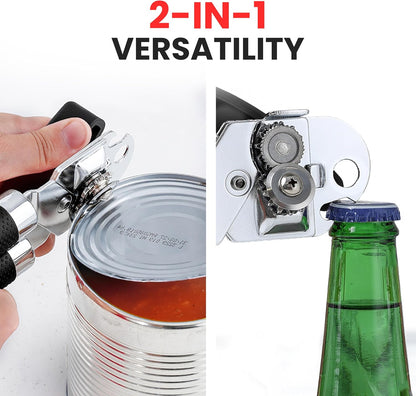 Zulay Kitchen Can Opener with Large Bottle Opener - Heavy Duty Stainless Steel Manual Can Opener with Turn Knob and Soft Grip Handles - Black