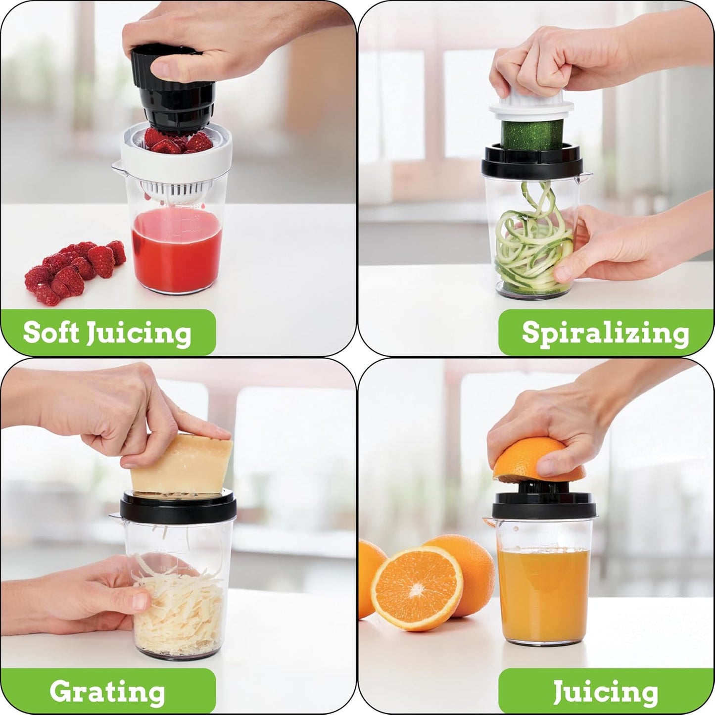 Nourished Essentials 8-in-1 Spiralizer Juicer Grater Set of 9 - Compact Plastic Vegetable Noodle Maker with Stainless Steel Blades - Dishwasher Safe - Spiralizer for Veggie Noodles