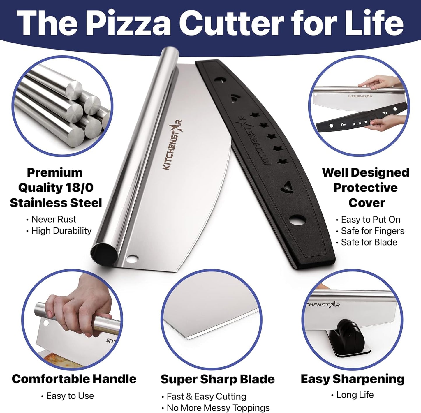 KitchenStar 14-Inch Pizza Cutter Rocker Blade - Sharp Stainless Steel Slicer Knife, Protective Cover, Dishwasher Safe, Large - Professional Pizza Oven Accessories