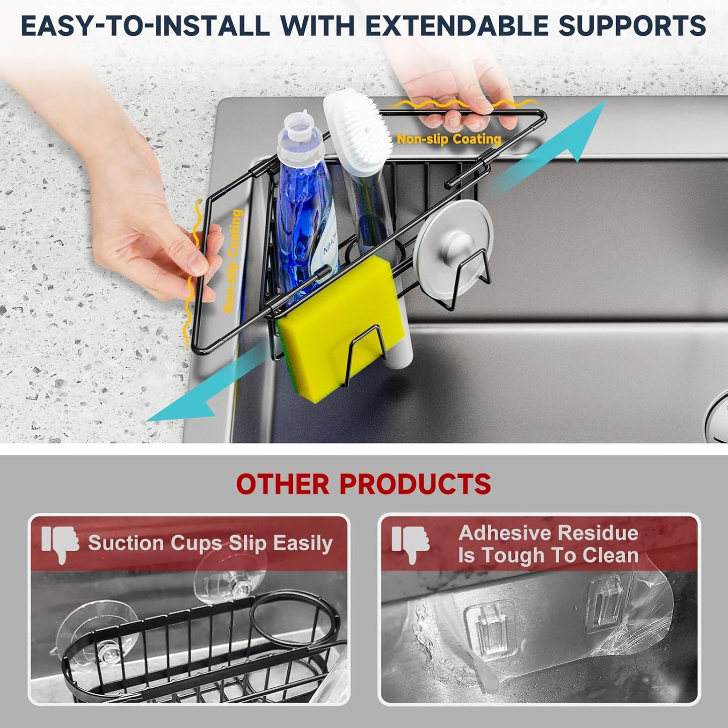 NiHome Extendable Arm Stainless Steel Kitchen Sink Corner Caddy, Easy Install Space-Saving Adjustable Sponge Holder, Non-Slip Rust-Resistant for Brushes, Soap, Sponges (Silver)