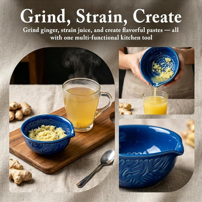 Ceramic Grater Bowl with Herb Stripper & Cleaning Brush, 3-in-1 Kitchen Tool for Garlic, Ginger & Vegetables, Easy to Clean Stripping Bowl for Kale, Rosemary, Thyme, and Basil, Dishwasher Safe-Green
