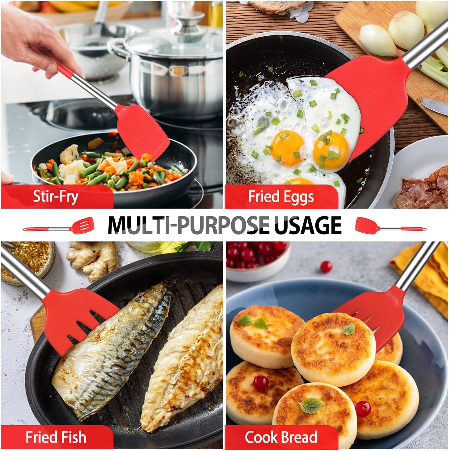 Pack of 4 Large Silicone Cooking Spatulas and Spoons, Slotted and Solid Stainless Steel Cooking Utensils Set, Non-stick Heat Resistant Kitchen for Baking, Fried, Stir-Fry, Mixing, Serving (Black)