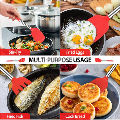 Pack of 4 Large Silicone Cooking Spatulas and Spoons, Slotted and Solid Stainless Steel Cooking Utensils Set, Non-stick Heat Resistant Kitchen for Baking, Fried, Stir-Fry, Mixing, Serving (Black)